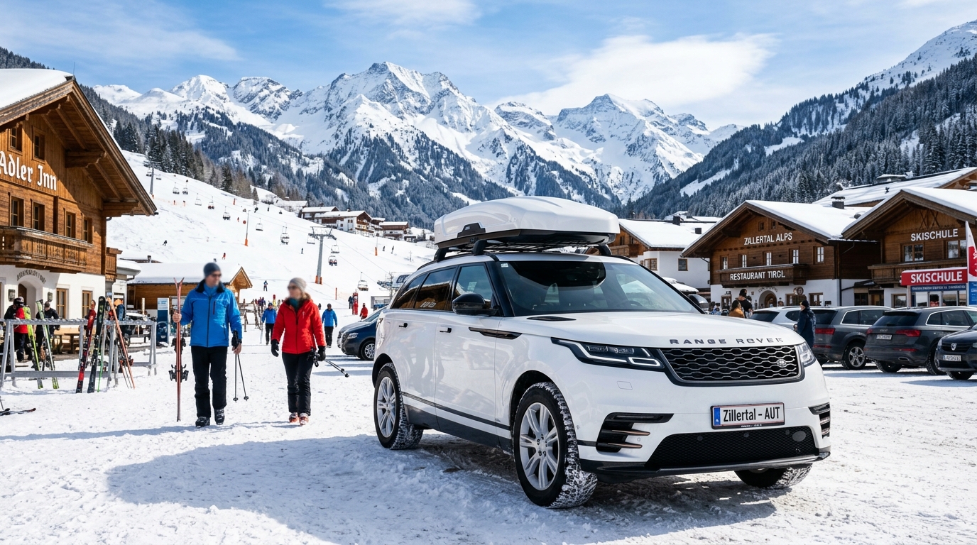 White SUV with white roofbox in alpine snow