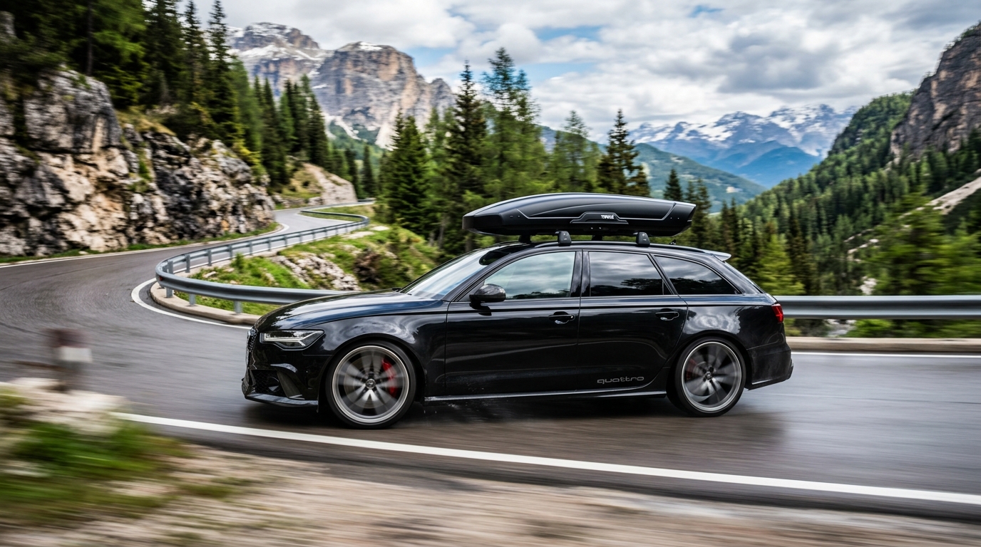 Audi Sportback driving fast with black roofbox